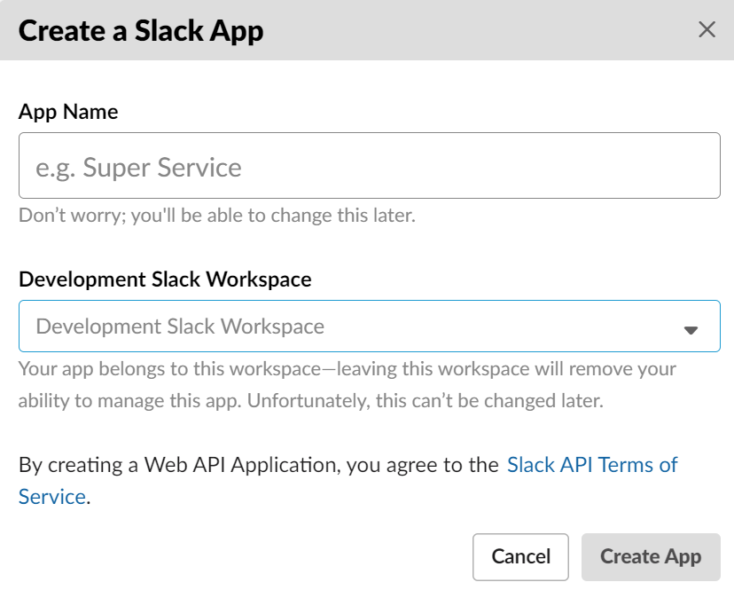 A blank Create a Slack App pop-up window